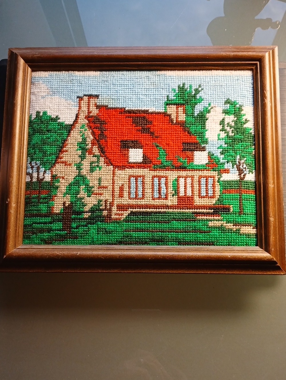 Old Framed Needlepoint of a Cottage